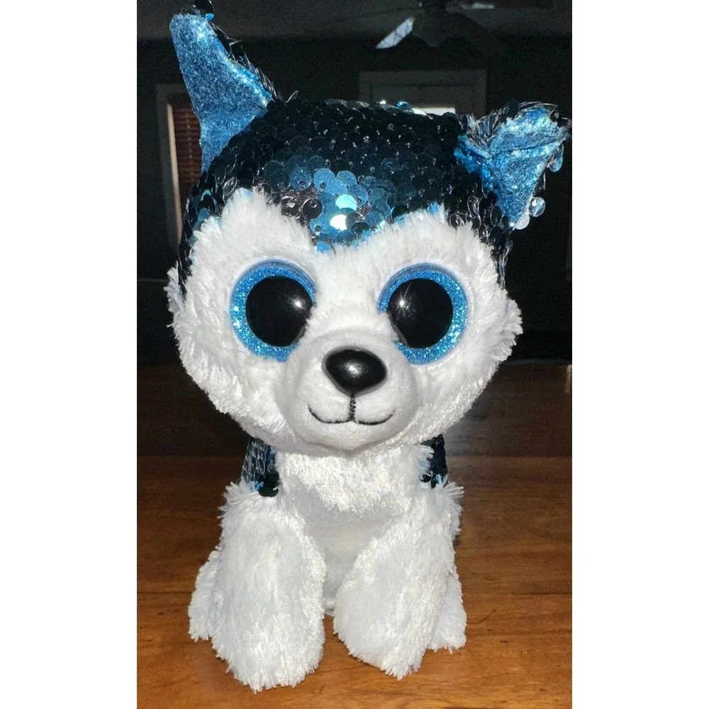TY Beanie Boo‎ Slush the Dog Plush Blue White Sequin Stuffed Animal 7